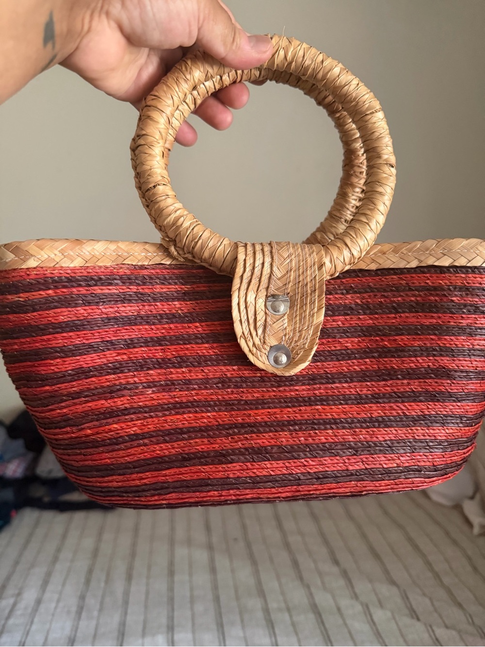 Striped Red Woven Circle-Handle Tote